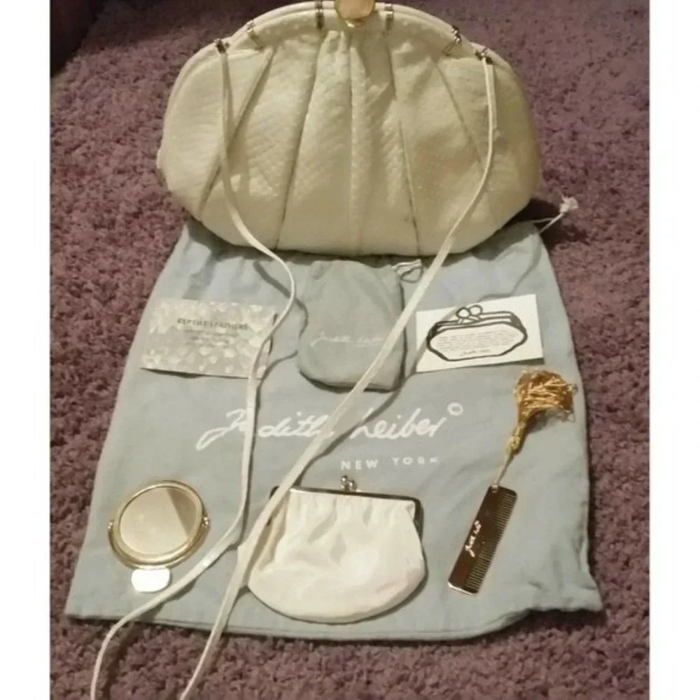 VTG Judith Leiber Snakeskin White Handbag with Pink Agate Grannycore Orig Box